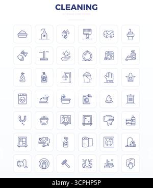 Complete package of 42 vector icons themed around Cleaning, showcasing Strong Outline design in 128x128 PIXEL perfect quality for modern interfaces. Stock Vector