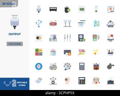 A versatile set of 36 Flat Color PIXEL perfect vector icons focused on Output, delivered in crisp 128x128 format ideal for mobile and web applications Stock Vector
