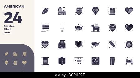 Unlock 24 Glyph Filled PIXEL perfect vector icons inspired by American, optimized in 128x128 format for flawless display across all devices. Stock Vector