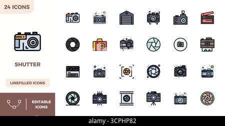 Artfully designed 24 Flat Lineal Color PIXEL perfect vector icons for Shutter, delivered in 128x128 format for consistent visual excellence. Stock Vector