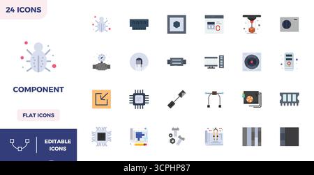 Set of 24 Flat Color PIXEL perfect vector icons themed around Component, crafted in 128x128 resolution for seamless integration in apps and websites. Stock Vector