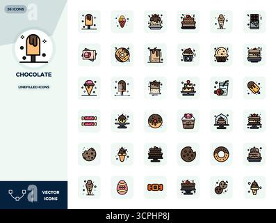 Collection of 36 LineFilled PIXEL perfect vector icons for Chocolate, designed in 128x128 format for clarity and versatility. Stock Vector