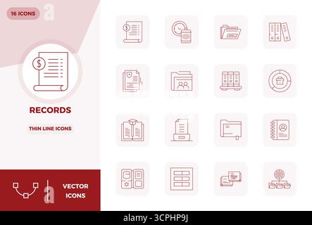 Set of 16 Thin Line PIXEL perfect vector icons themed around Records, crafted in 128x128 resolution for seamless integration in apps and websites. Stock Vector