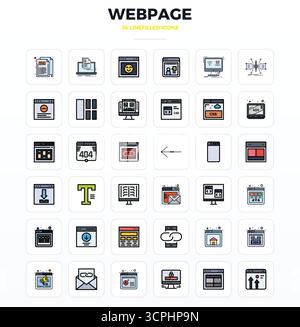 This collection features 36 LineFill PIXEL perfect vector icons tailored to the Webpage theme, optimized in 128x128 format for digital design. Stock Vector