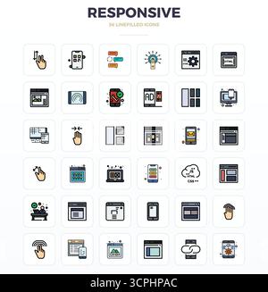 Streamlined set of 36 vector icons for Responsive in LineFill aesthetic, featuring 128x128 PIXEL perfect resolution for seamless user experiences. Stock Vector