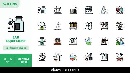 Professional-grade collection of 24 Flat Lineal Color vector icons representing Lab Equipment, crafted with 128x128 PIXEL perfect precision for enterp Stock Vector