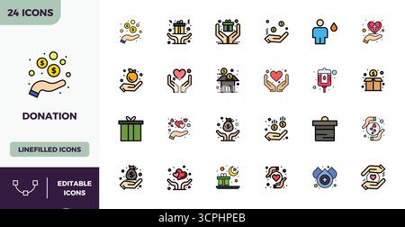 This Donation vector icon pack includes 24 Flat Lineal Color designs in 128x128 PIXEL perfect format, perfect for enhancing digital interfaces. Stock Vector