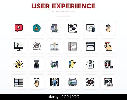 Set of 24 LineFill PIXEL perfect vector icons themed around User Experience, crafted in 128x128 resolution for seamless integration in apps and websit Stock Vector