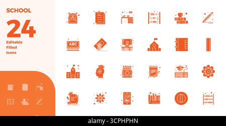 Exceptional collection of 24 Glyph Filled vector icons for School, delivered in 128x128 PIXEL perfect resolution for unparalleled visual excellence an Stock Vector