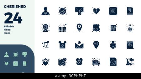 Artfully designed 24 Glyph Filled PIXEL perfect vector icons for Cherished, delivered in 128x128 format for consistent visual excellence. Stock Vector