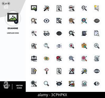High-performance collection of 42 LineFilled vector icons for Examine, engineered with 128x128 PIXEL perfect resolution for optimal user interface des Stock Vector