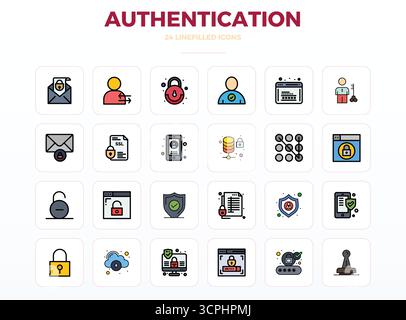 Distinctive pack of 24 PIXEL perfect vector icons inspired by Authentication, crafted in LineFill format at 128x128 for memorable brand experiences. Stock Vector