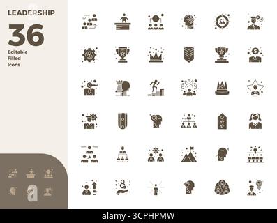 Complete package of 36 vector icons themed around Leadership, showcasing Glyph Filled design in 128x128 PIXEL perfect quality for modern interfaces. Stock Vector
