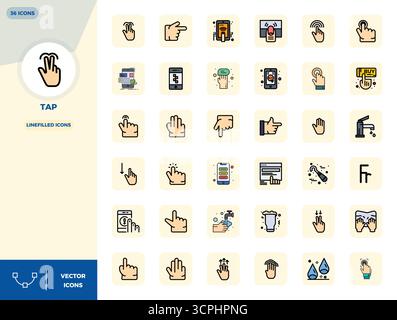 Precision-engineered 36 LineFilled vector icons for Tap, designed at 128x128 PIXEL perfect resolution for exceptional clarity and scalability. Stock Vector