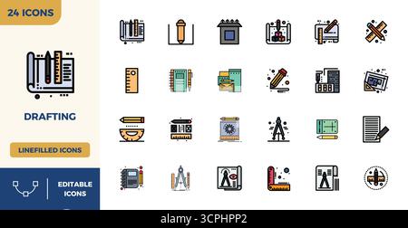 Contemporary collection of 24 vector icons representing Drafting in Flat Lineal Color aesthetic, featuring 128x128 PIXEL perfect resolution for modern Stock Vector