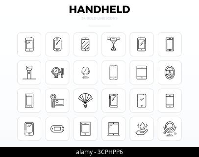 Refined bundle featuring 24 Strong Outline vector icons for Handheld, optimized with 128x128 PIXEL perfect quality for elegant and functional design s Stock Vector