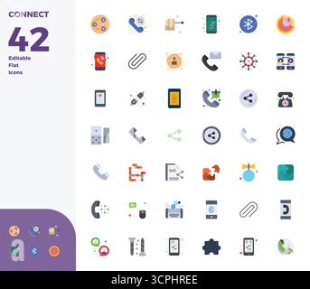 State-of-the-art bundle featuring 42 PIXEL perfect vector icons inspired by Connect, created in Flat format at 128x128 for next-generation interfaces. Stock Vector