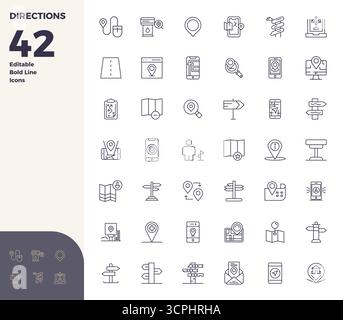 Future-ready pack of 42 vector icons themed around Directions, showcasing Bold Line design with 128x128 PIXEL perfect clarity for innovative user inte Stock Vector