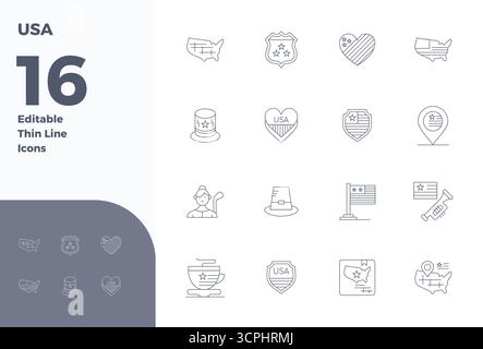 Innovative pack of 16 vector icons themed around Usa, showcasing Thin Line design in 128x128 PIXEL perfect format for modern digital solutions. Stock Vector