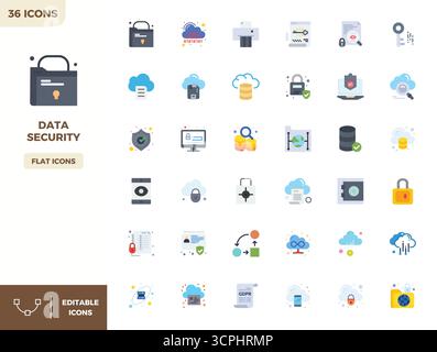 A clean collection of 36 Flat Color vector icons representing Data Security, designed in 128x128 PIXEL perfect format for modern dashboards and interf Stock Vector