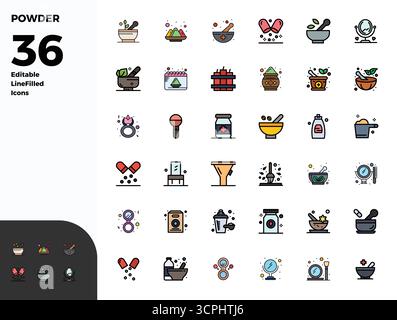 Curated pack of 36 128x128 vector icons in Duotone design, centered around Powder concepts with PIXEL perfect clarity. Stock Vector