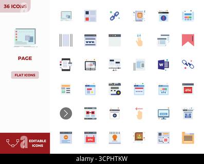 Advanced collection of 36 PIXEL perfect vector icons inspired by Page, crafted in Flat Color with 128x128 optimization for superior visual performance Stock Vector