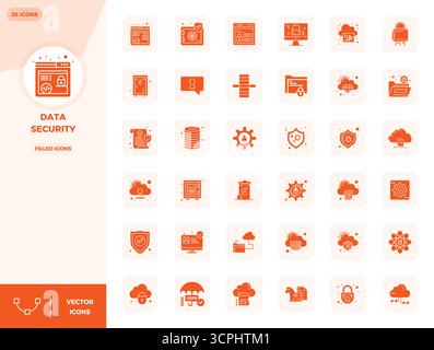 A dynamic set of 36 vector icons in Filled, tailored for Data Security with 128x128 PIXEL perfect quality suited for digital products. Stock Vector