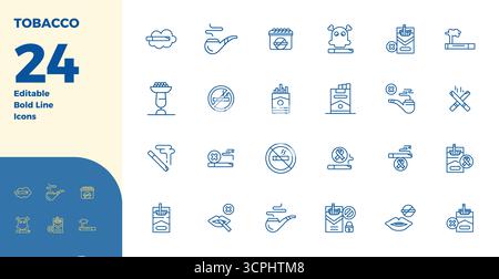 Strategic bundle featuring 24 vector icons representing Tobacco in Bold Line format, optimized with 128x128 PIXEL perfect quality for professional wor Stock Vector