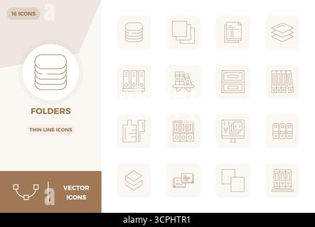 A clean collection of 16 Thin Line vector icons representing Folders, designed in 128x128 PIXEL perfect format for modern dashboards and interfaces. Stock Vector