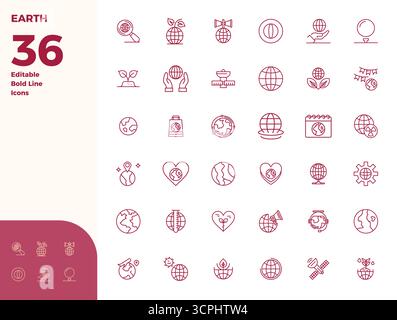 Ultimate collection of 36 vector icons representing Earth in Bold Line aesthetic, optimized with 128x128 PIXEL perfect resolution for maximum impact. Stock Vector