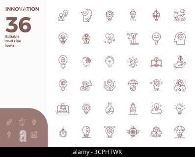 Contemporary collection of 36 vector icons representing Innovation in Bold Line aesthetic, featuring 128x128 PIXEL perfect resolution for modern appli Stock Vector