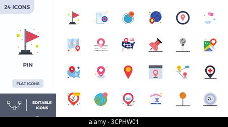 Precision-engineered 24 Flat Color vector icons for Pin, designed at 128x128 PIXEL perfect resolution for exceptional clarity and scalability. Stock Vector