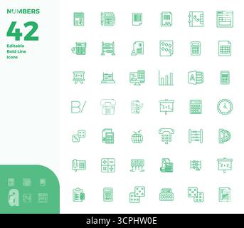 Discover a set of 42 Bold Line vector icons crafted for the Numbers theme, featuring 128x128 PIXEL perfect designs ideal for modern UI/UX projects. Stock Vector