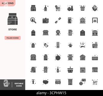 Discover a set of 42 Filled vector icons crafted for the Store theme, featuring 128x128 PIXEL perfect designs ideal for modern UI/UX projects. Stock Vector