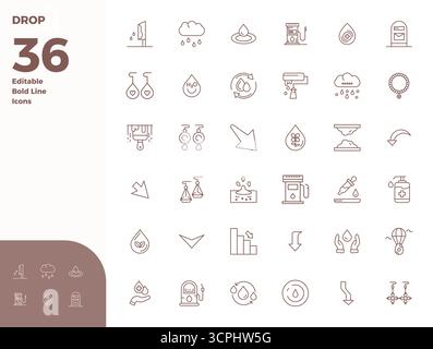 A clean collection of 36 Bold Line vector icons representing Drop, designed in 128x128 PIXEL perfect format for modern dashboards and interfaces. Stock Vector