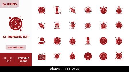 Premium collection of 24 Filled vector icons for Chronometer, meticulously crafted in 128x128 PIXEL perfect resolution for superior visual impact. Stock Vector