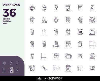 Handcrafted collection featuring 36 Bold Line vector icons for Drinkware, optimized in 128x128 PIXEL perfect resolution for premium digital experience Stock Vector