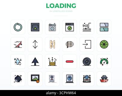 Sophisticated bundle of 24 LineFill vector icons for Loading, engineered with 128x128 PIXEL perfect clarity for professional applications. Stock Vector