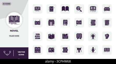 Carefully curated 24 Filled vector icons for Novel, featuring 128x128 PIXEL perfect resolution for consistent brand representation and user experience Stock Vector