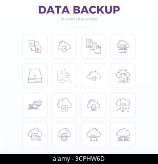 Distinctive pack of 16 PIXEL perfect vector icons inspired by Data Backup, crafted in Thin Outline format at 128x128 for memorable brand experiences. Stock Vector