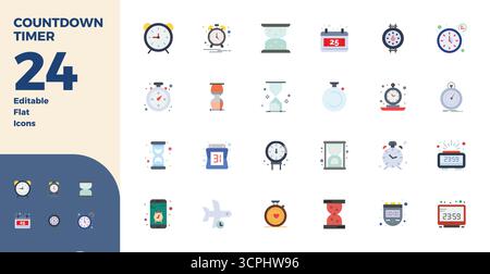 Enhance your projects with 24 Flat vector icons themed around Countdown Timer, featuring 128x128 PIXEL perfect resolution ideal for clean and professi Stock Vector