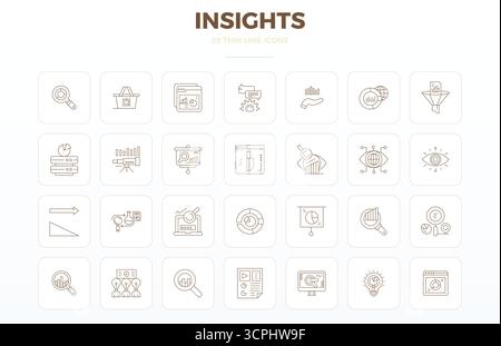 Refined bundle featuring 28 Thin Outline vector icons for Insights, optimized with 128x128 PIXEL perfect quality for elegant and functional design sol Stock Vector