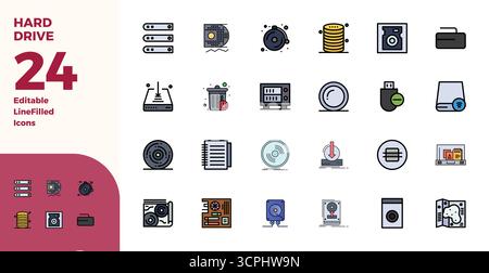 This set of 24 Duotone vector icons captures Hard Drive themes in 128x128 PIXEL perfect quality, perfect for tech and business applications. Stock Vector