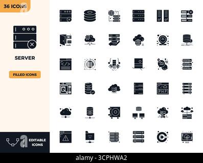 Curated pack of 36 128x128 vector icons in Filled design, centered around Server concepts with PIXEL perfect clarity. Stock Vector