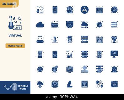 Thoughtfully designed 36 vector icons themed around Virtual, crafted in Filled with 128x128 PIXEL perfect precision for contemporary design needs. Stock Vector