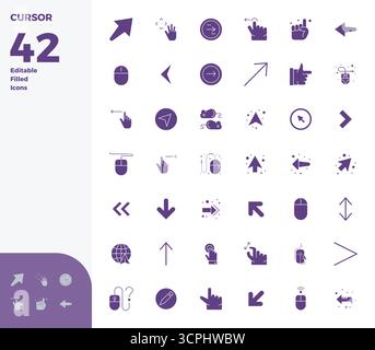 Perfectly balanced 42 Glyph Filled PIXEL perfect vector icons for Cursor, sized at 128x128 for harmonious integration in digital design projects. Stock Vector