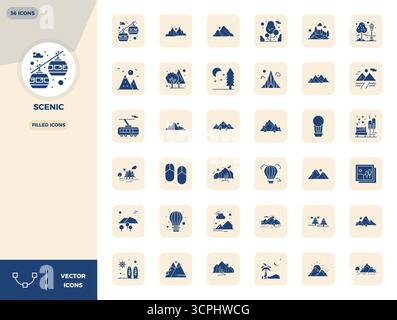 Essential pack of 36 PIXEL perfect vector icons for Scenic in Filled format, sized at 128x128 for optimal performance and scalability. Stock Vector