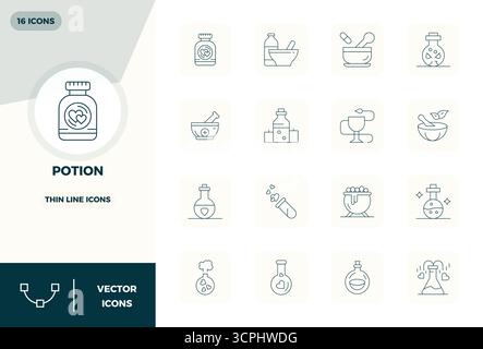 Professional-grade collection of 16 Thin Line vector icons representing Potion, crafted with 128x128 PIXEL perfect precision for enterprise applicatio Stock Vector