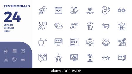 A clean collection of 24 Bold Line vector icons representing Testimonials, designed in 128x128 PIXEL perfect format for modern dashboards and interfac Stock Vector
