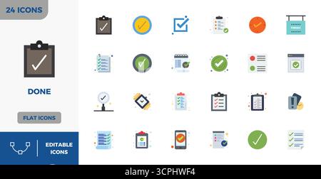 Masterfully created 24 vector icons representing Done in Flat Color design, featuring 128x128 PIXEL perfect resolution for exceptional visual quality. Stock Vector